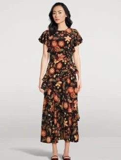 Amaia Ruffled Silk Midi Dress In Floral Print