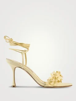 Anista Floral-Appliqué Leather Ankle-Tie Sandals