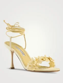 Anista Floral-Appliqué Leather Ankle-Tie Sandals