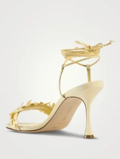 Anista Floral-Appliqué Leather Ankle-Tie Sandals