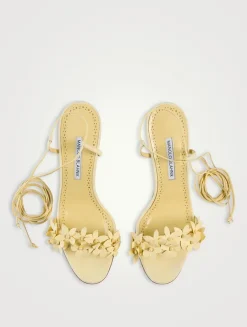 Anista Floral-Appliqué Leather Ankle-Tie Sandals