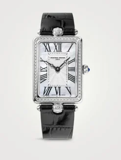 Art Deco Carrée Stainless Steel Leather Strap Watch With Diamonds
