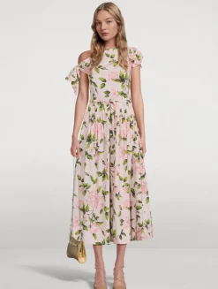Asymmetric Poplin Midi Dress In Rose Print