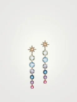 Aztec 14K Gold Long Graduated Starburst Earrings With Multicolour Topaz And Diamonds