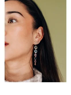 Aztec 14K Gold Long Graduated Starburst Earrings With Multicolour Topaz And Diamonds