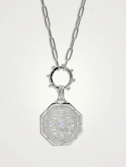 Aztec Mayan Deco Silver Medallion Clip Necklace With Gemstones