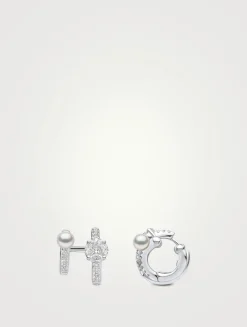 Baby Glitz 18K White Gold  Akoya Pearl And Multi-Cut Diamond Hoop Earrings