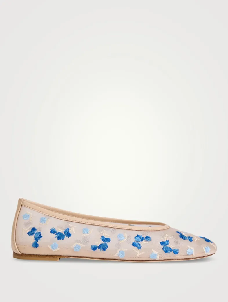 Bareitall Floral-Embroidered Mesh Ballet Flats