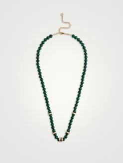 Beaded Malachite Necklace With 14K Gold Diamond Lucky Rondelle