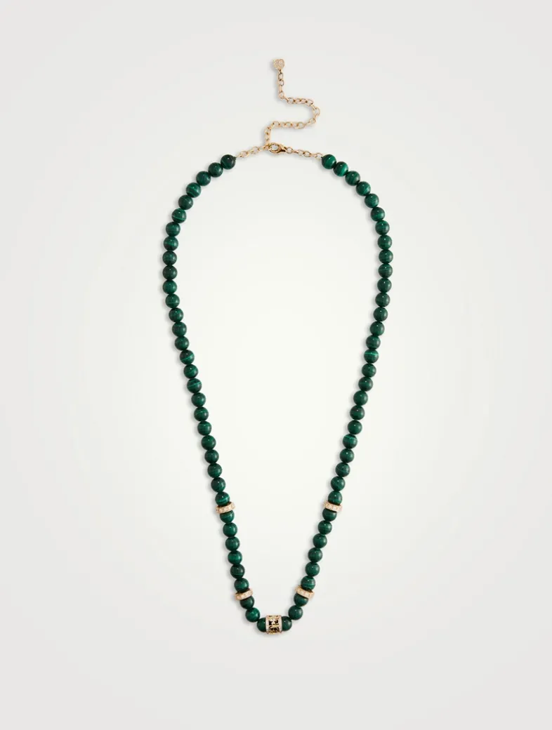 Beaded Malachite Necklace With 14K Gold Diamond Lucky Rondelle
