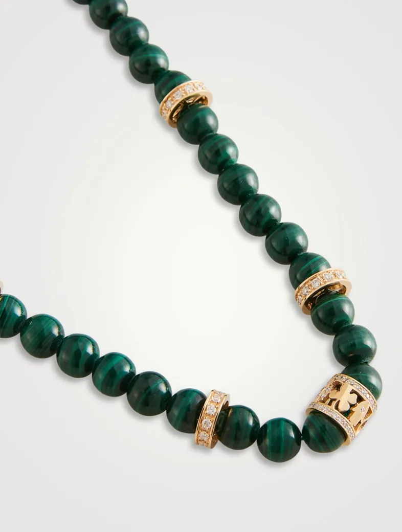 Beaded Malachite Necklace With 14K Gold Diamond Lucky Rondelle