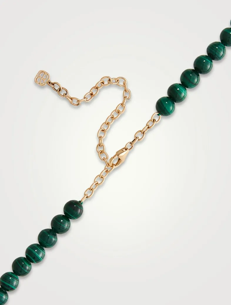 Beaded Malachite Necklace With 14K Gold Diamond Lucky Rondelle