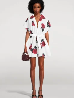 Belted Habotai Shirt Dress In Rose Print