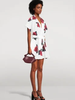 Belted Habotai Shirt Dress In Rose Print