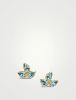 Bouquet 14K Gold Fleur de Lis Stud Earrings With Blue Topaz