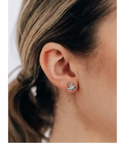 Bouquet 14K Gold Fleur de Lis Stud Earrings With Blue Topaz