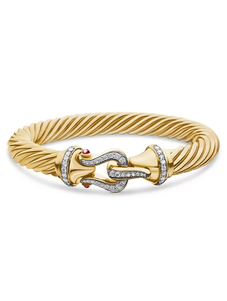 Buckle Cablespira® Bracelet In 18k Yellow Gold With Rubies And Diamonds, 9mm