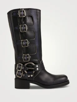Buckle Leather Mid-Calf Boots