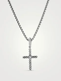 Cable Classics Cross Pendant In Sterling Silver With Center Diamond