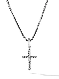 Cable Classics Cross Pendant In Sterling Silver With Center Diamond