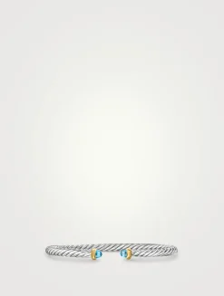 Cable Flex Bracelet In Sterling Silver With 14k Yellow Gold And Blue Topaz, 4mm