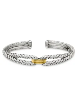 Cable Loop Bracelet In Sterling Silver With 18k Yellow Gold, 9mm