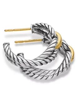 Cable Loop Hoop Earrings In Sterling Silver With 18k Yellow Gold, 22mm