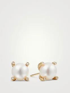 Cable Pearl Stud Earrings In 18k Yellow Gold With Diamonds
