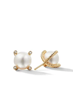 Cable Pearl Stud Earrings In 18k Yellow Gold With Diamonds