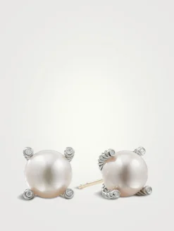 Cable Pearl Stud Earrings In Sterling Silver With Diamonds
