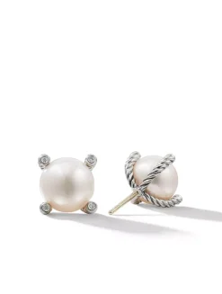 Cable Pearl Stud Earrings In Sterling Silver With Diamonds