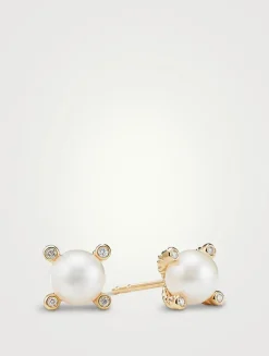 Cable Pearl Stud Earrings In 18k Yellow Gold With Diamonds