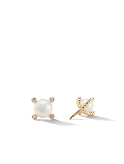 Cable Pearl Stud Earrings In 18k Yellow Gold With Diamonds