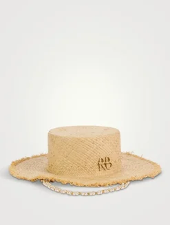 Canotier Straw Hat With Faux Pearl Chain