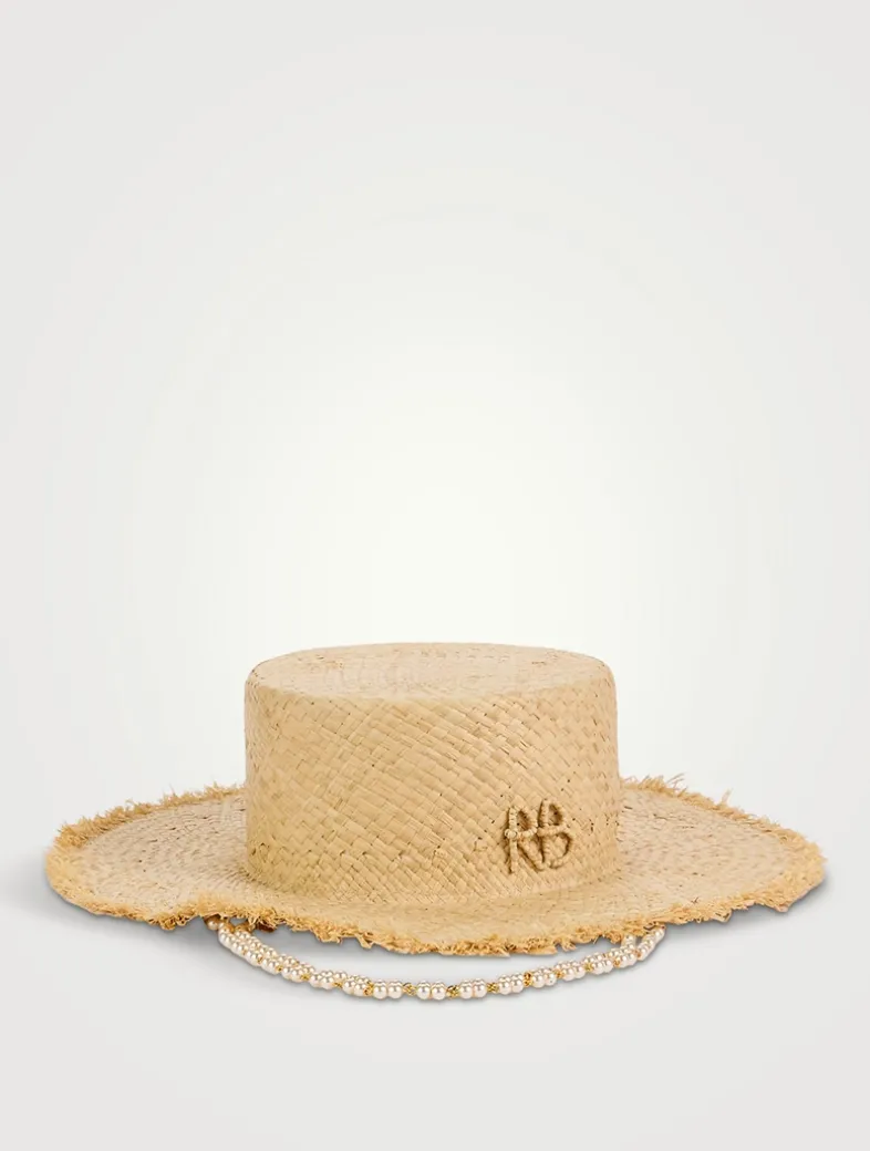 Canotier Straw Hat With Faux Pearl Chain