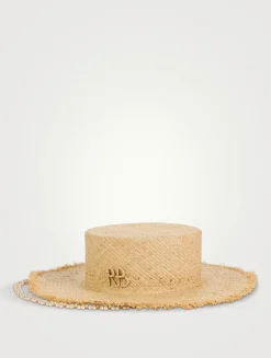 Canotier Straw Hat With Faux Pearl Chain