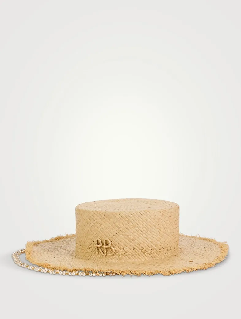 Canotier Straw Hat With Faux Pearl Chain