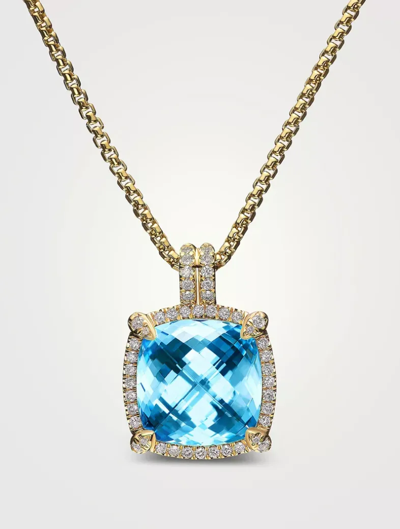 Chatelaine® Pavé Bezel Pendant Necklace In 18k Yellow Gold With Blue Topaz And Diamonds, 14mm