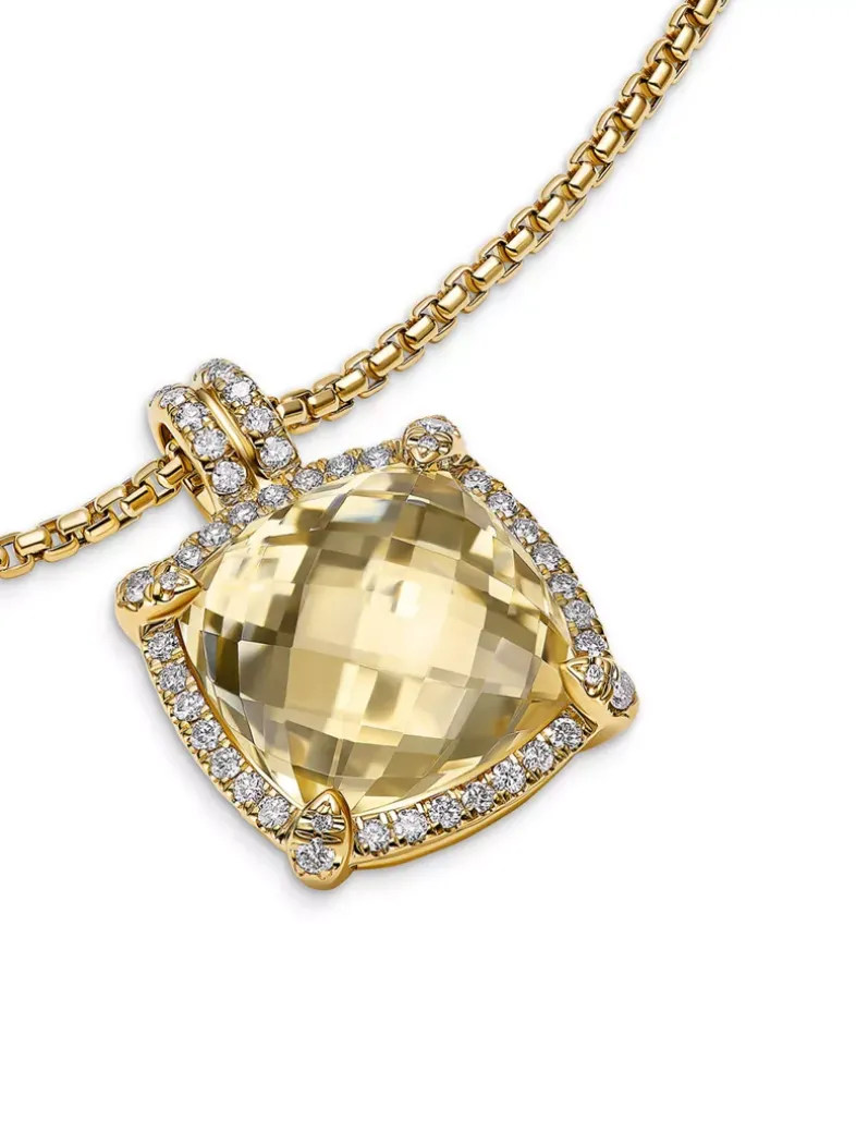 Chatelaine® Pavé Bezel Pendant Necklace In 18k Yellow Gold With Blue Topaz And Diamonds, 14mm