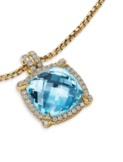 Chatelaine® Pavé Bezel Pendant Necklace In 18k Yellow Gold With Blue Topaz And Diamonds, 14mm