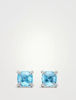 Chatelaine® Stud Earrings In Sterling Silver With Blue Topaz And Diamonds, 9mm