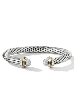 Classic Cable Bracelet In Sterling Silver With 18k Yellow Gold And Pavé Diamond Domes, 7mm