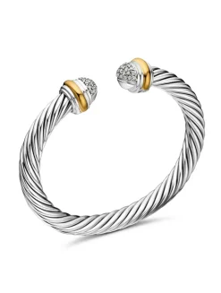 Classic Cable Bracelet In Sterling Silver With 18k Yellow Gold And Pavé Diamond Domes, 7mm