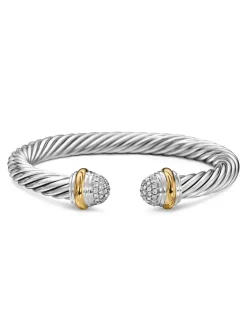 Classic Cable Bracelet In Sterling Silver With 18k Yellow Gold And Pavé Diamond Domes, 7mm