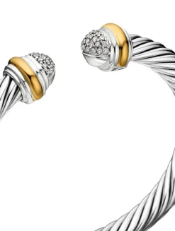 Classic Cable Bracelet In Sterling Silver With 18k Yellow Gold And Pavé Diamond Domes, 7mm
