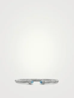 Classic Cable Bracelet In Sterling Silver With Blue Topaz And Diamonds, 4mm