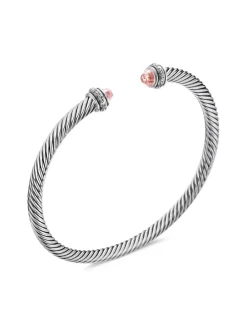 Classic Cable Bracelet In Sterling Silver With Morganite And Diamonds, 4mm