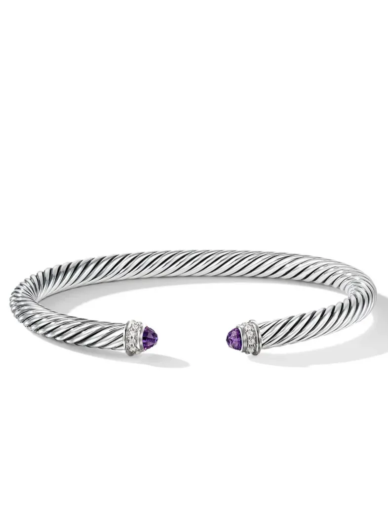 Classic Cable Bracelet In Sterling Silver With Peridot And Diamonds, 5mm