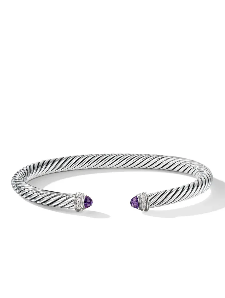 Classic Cable Bracelet In Sterling Silver With Peridot And Diamonds, 5mm