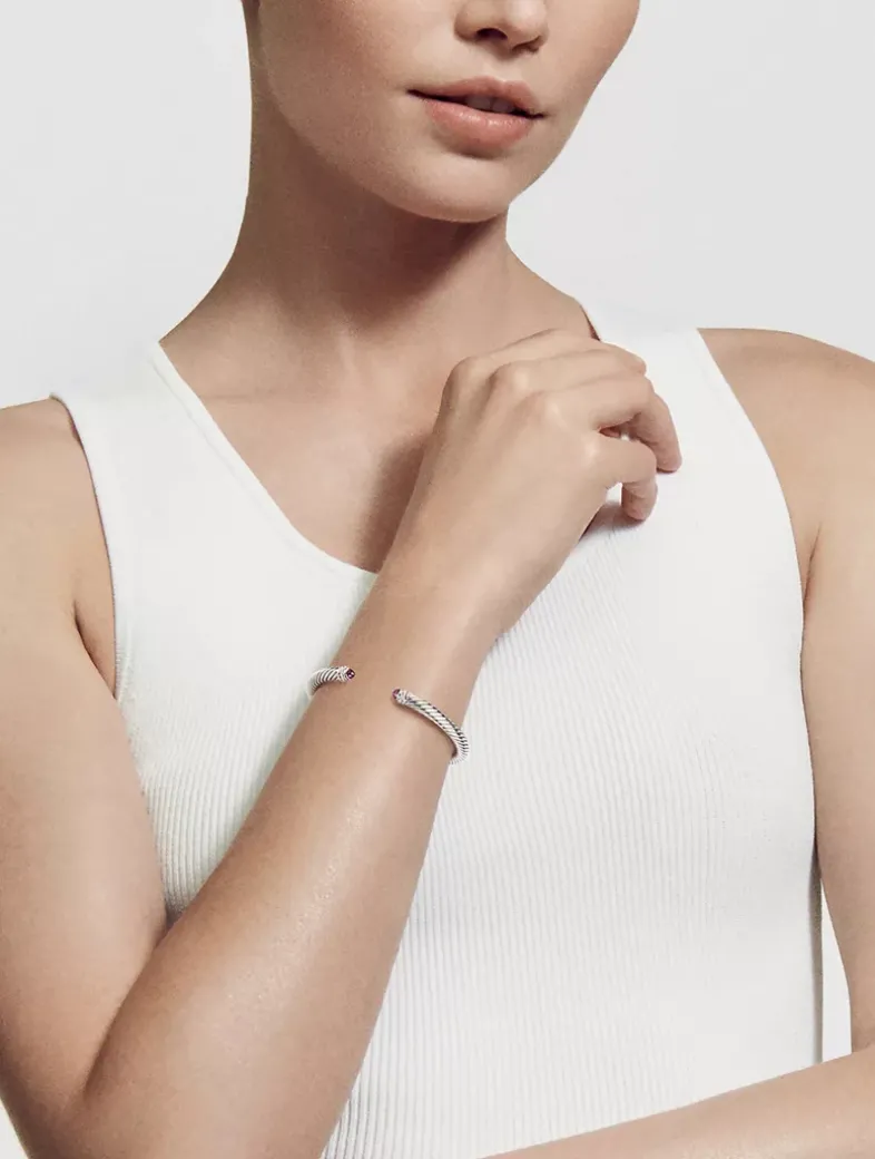 Classic Cable Bracelet In Sterling Silver With Peridot And Diamonds, 5mm